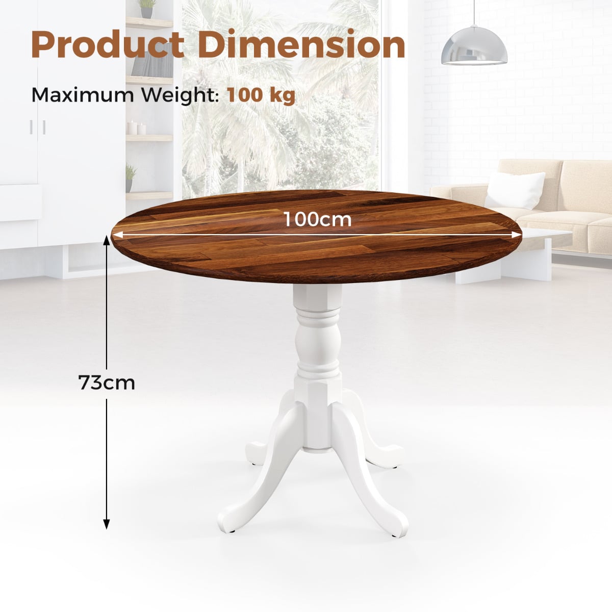 Wooden Dining Table with Round Tabletop and Curved Trestle Legs-Walnut & White