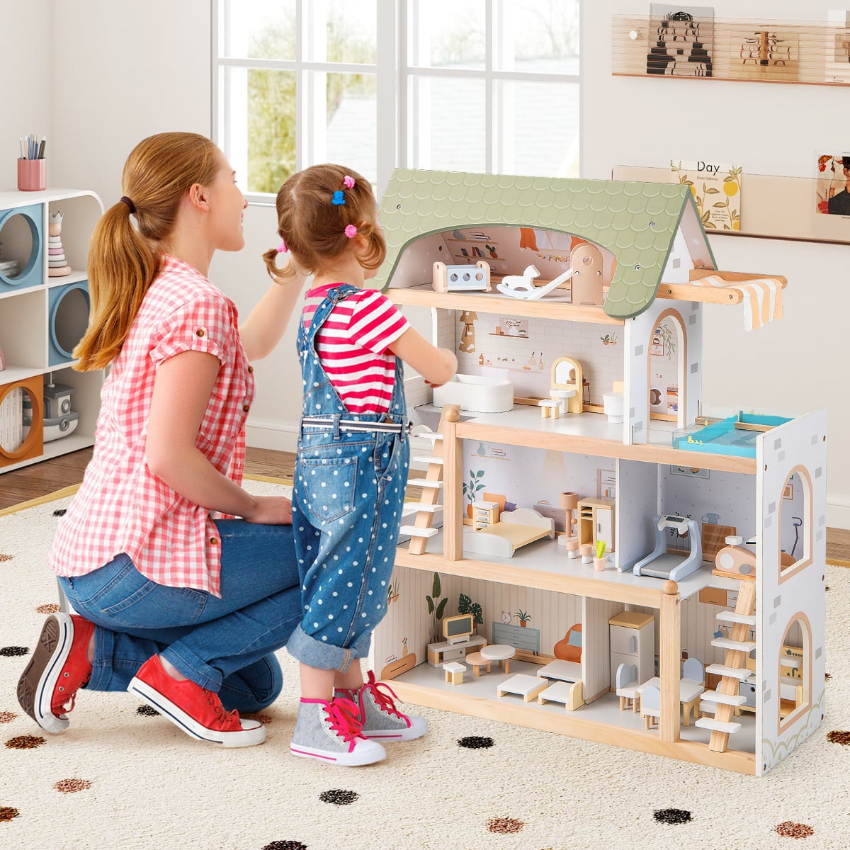 Wooden Dollhouse with 33 PCS Furniture Accessories for Girls and Boys-Green