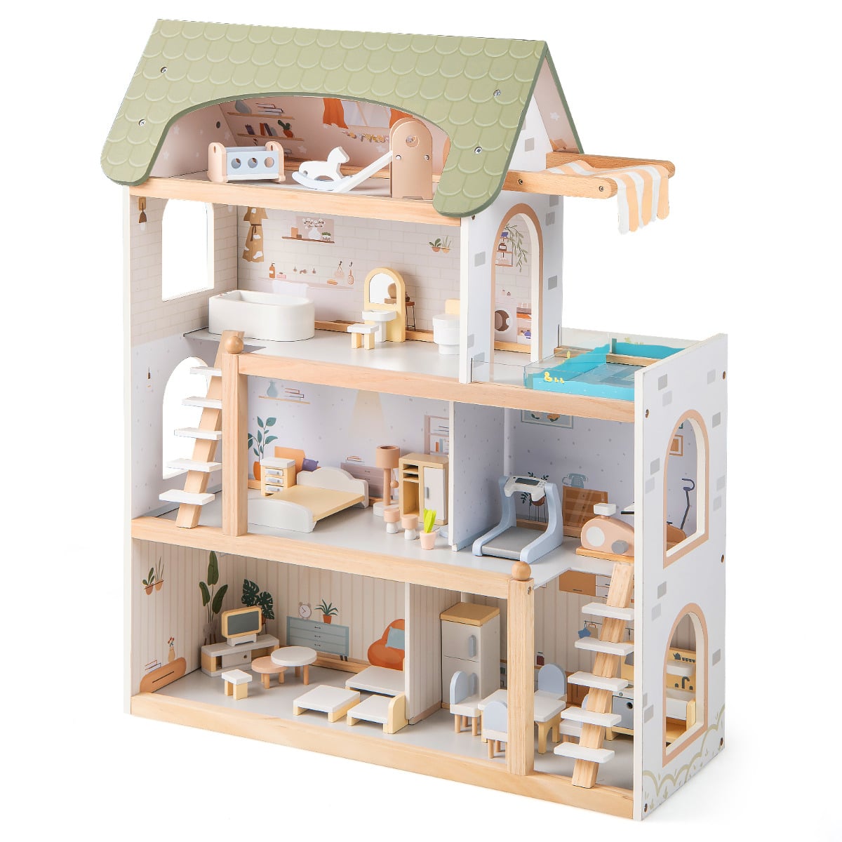 Wooden Dollhouse with 33 PCS Furniture Accessories for Girls and Boys-Green