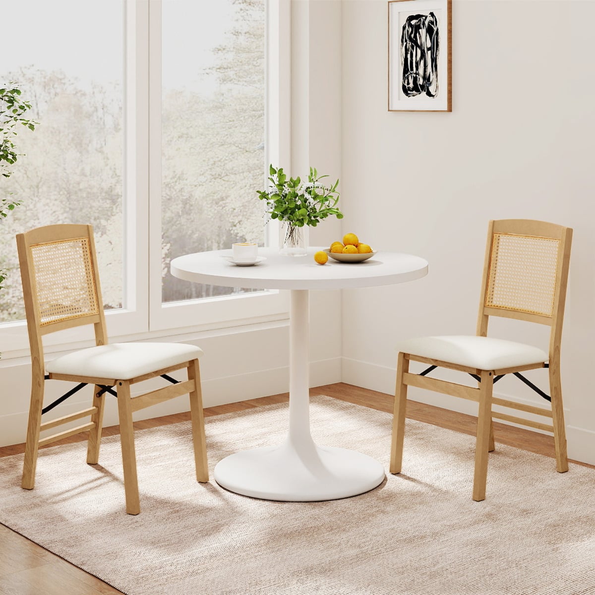 Wooden Folding Chairs Set of 2 Rustic Rubber Wood Dining Chairs with Linen Padded Seat-Brown