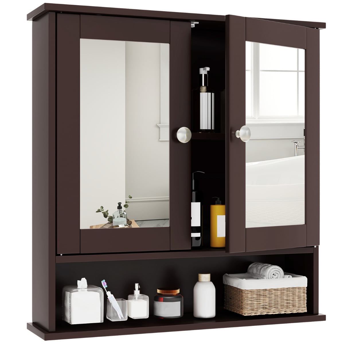 Wooden Hanging Medicine Organizer with Mirror and Adjustable Shelf-Rustic Brown