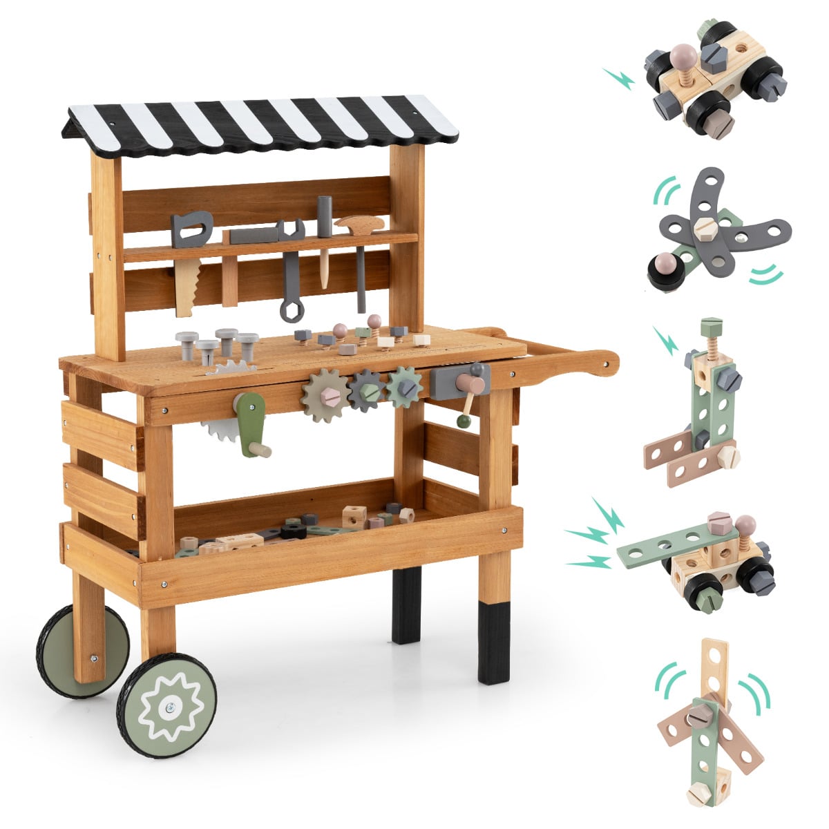Wooden 2-in-1 Outdoor Kids Rolling Cart with Play Tools Set-Brown