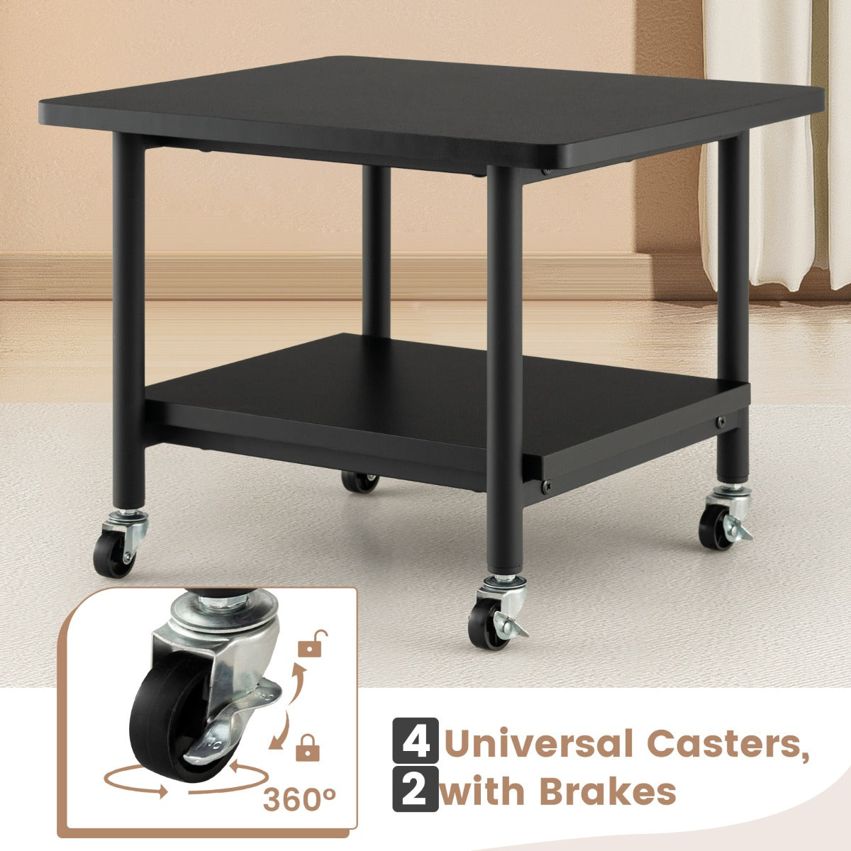 2 Tier Wooden Printer Stand with 360° Swivel Casters-Black