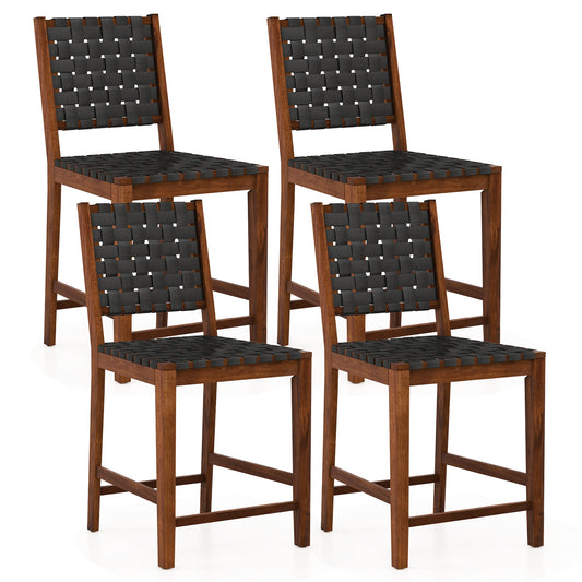 Woven Bar Stools Set of 4 with faux PU leather straps in black
