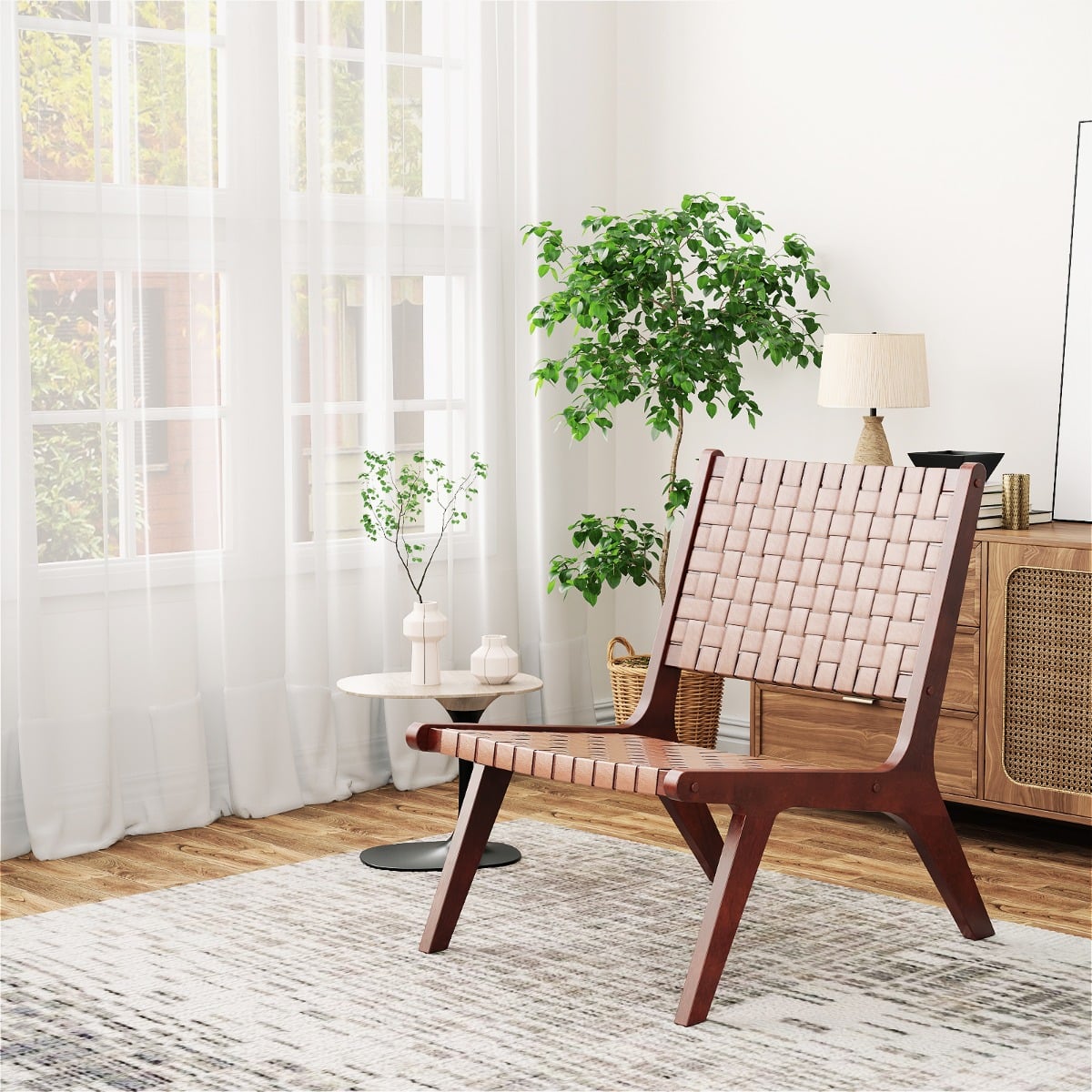 Woven Leather Accent Chair with Wood Frame Armless Reading Side Chair-Brown