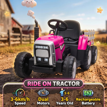HOMCOM 12V Kids Ride on Tractor with Detachable Trailer, Remote, Soft Start, Seat Belt, Music, USB, Horn, Lights for 3-6, Pink