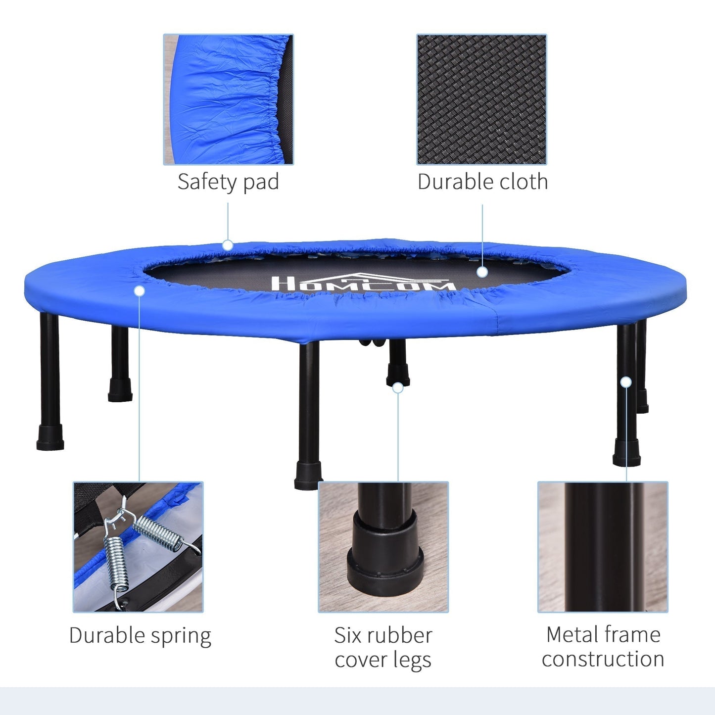 HOMCOM a91 Mini Fitness Trampoline Home Gym Yoga Exercise Rebounder Indoor Outdoor Jumper with Safety Pad, Support Up to 100 KG, Blue and Black