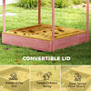 AIYAPLAY Wooden Sandbox with Lid, Flamingos Print Canopy, Kids Outdoor Sand Pit with Foldable Bench Seats, Bottom Liner, Pink
