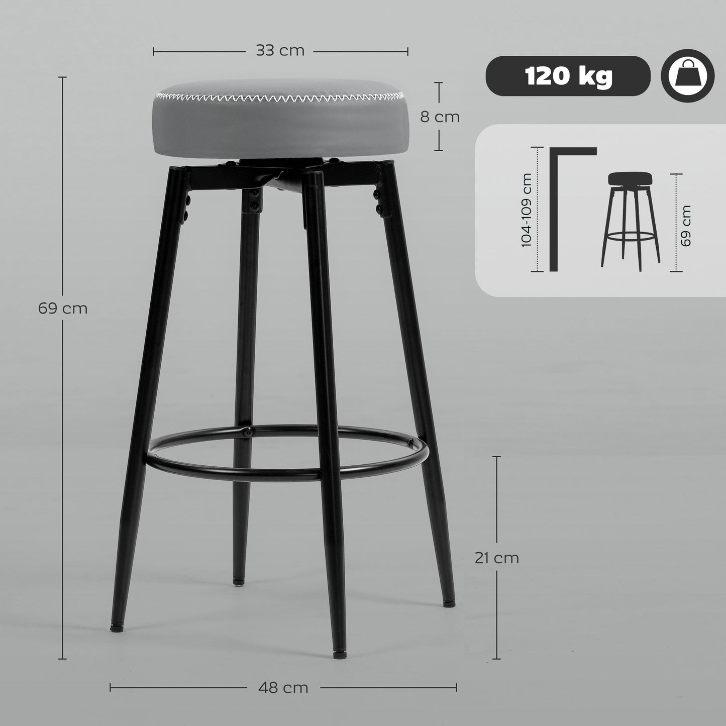 HOMCOM Set of Two Faux Leather Bar Stools - Grey/Black
