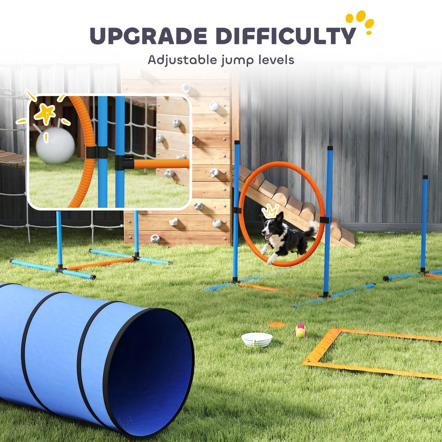 PawHut Dog Agility Equipment, 8PCS Agility Training Set with Tunnel, Weave Poles, Adjustable Hurdles, Jump Ring