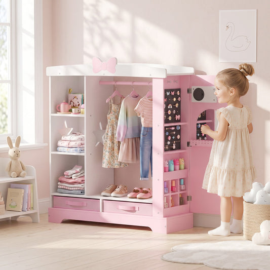AIYAPLAY Kids Wardrobe with Lighted Mirror in Pink