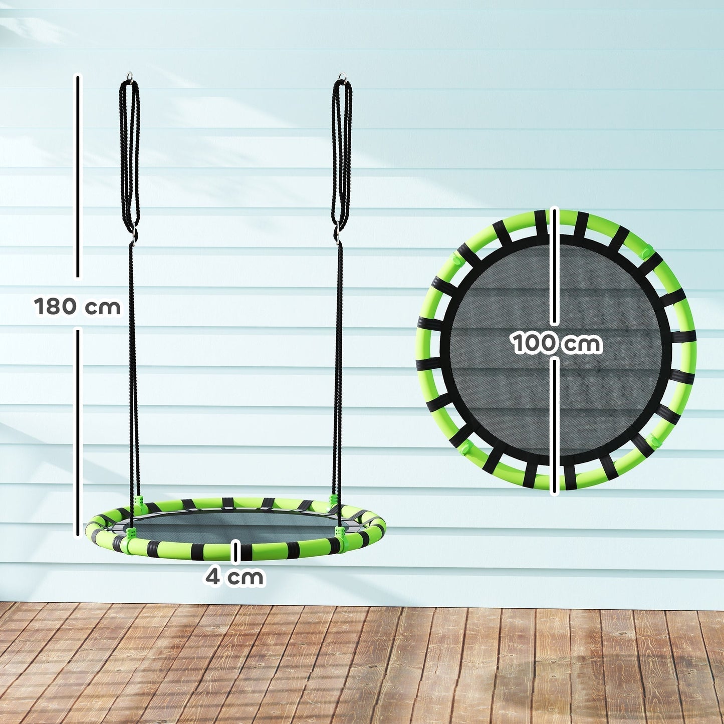 AIYAPLAY 100cm Diameter Kid Nest Swing Seat with Height Adjustable Ropes for Outdoor, Indoor, Black/Green