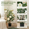 HOMCOM 90cm Artificial Rose Tree, Decorative Fake Plant with 344 Silk Leaves 17 Flowers for Outdoor Indoor Decor, White