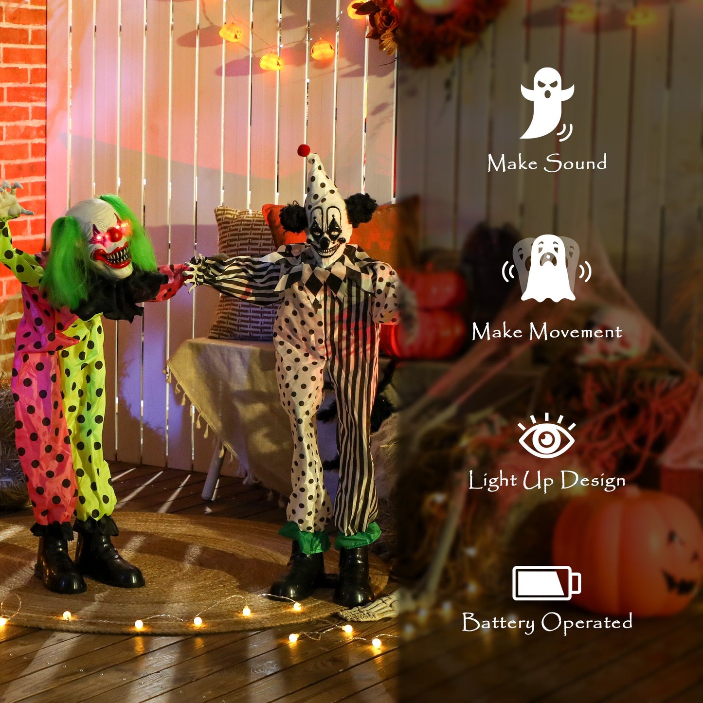 Outsunny Life Size Stackable Halloween Animated Clown with Red Light Up Eyes, Sound Activated Scary Halloween Decorations, Battery Operated, Indoor Party Props