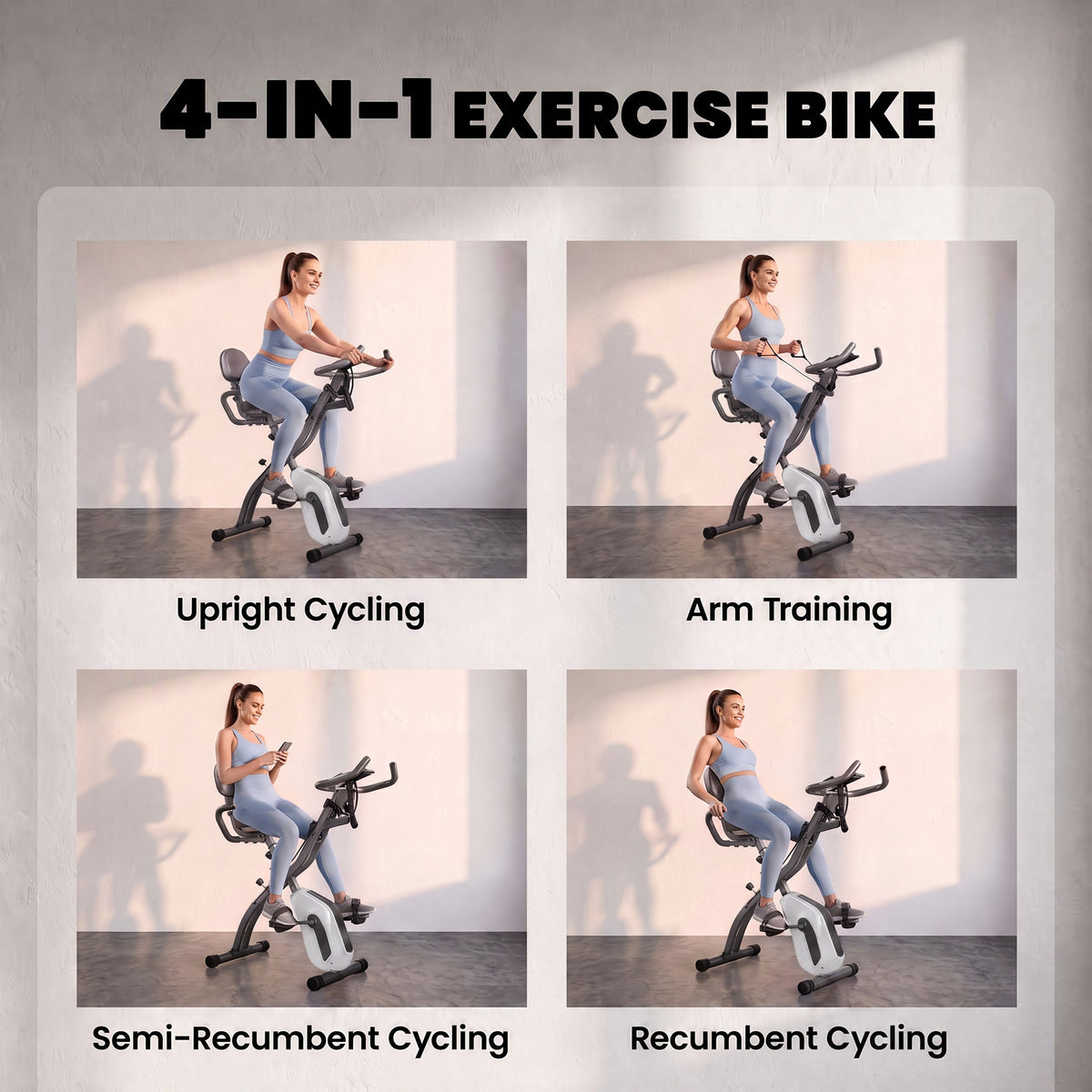 SPORTNOW 4-In-1 Folding Exercise Bike with Resistance Bands, Bluetooth App, 8-Level Magnetic Resistance, LCD Display, Grey