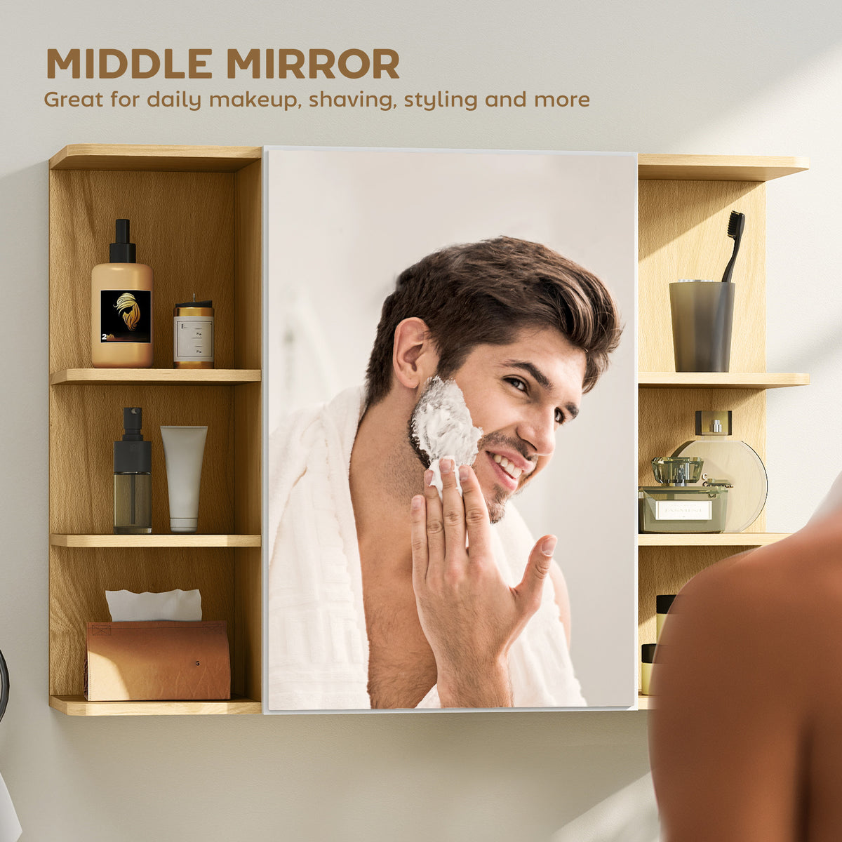HOMCOM Bathroom Mirror Cabinet with Open Storage Shelves in a Natural Wood Finish