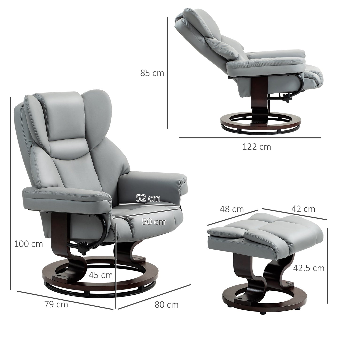 HOMCOM 360 degrees Swivel Recliner Chair with Footstool, PU Leather Manual Recliner Armchair with Footstool, Solid Wood Base, Upholstered Reclining Chair for Living Room, Bedroom, Office, Light Grey