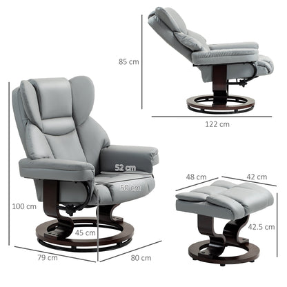 HOMCOM 360 degrees Swivel Recliner Chair with Footstool, PU Leather Manual Recliner Armchair with Footstool, Solid Wood Base, Upholstered Reclining Chair for Living Room, Bedroom, Office, Light Grey