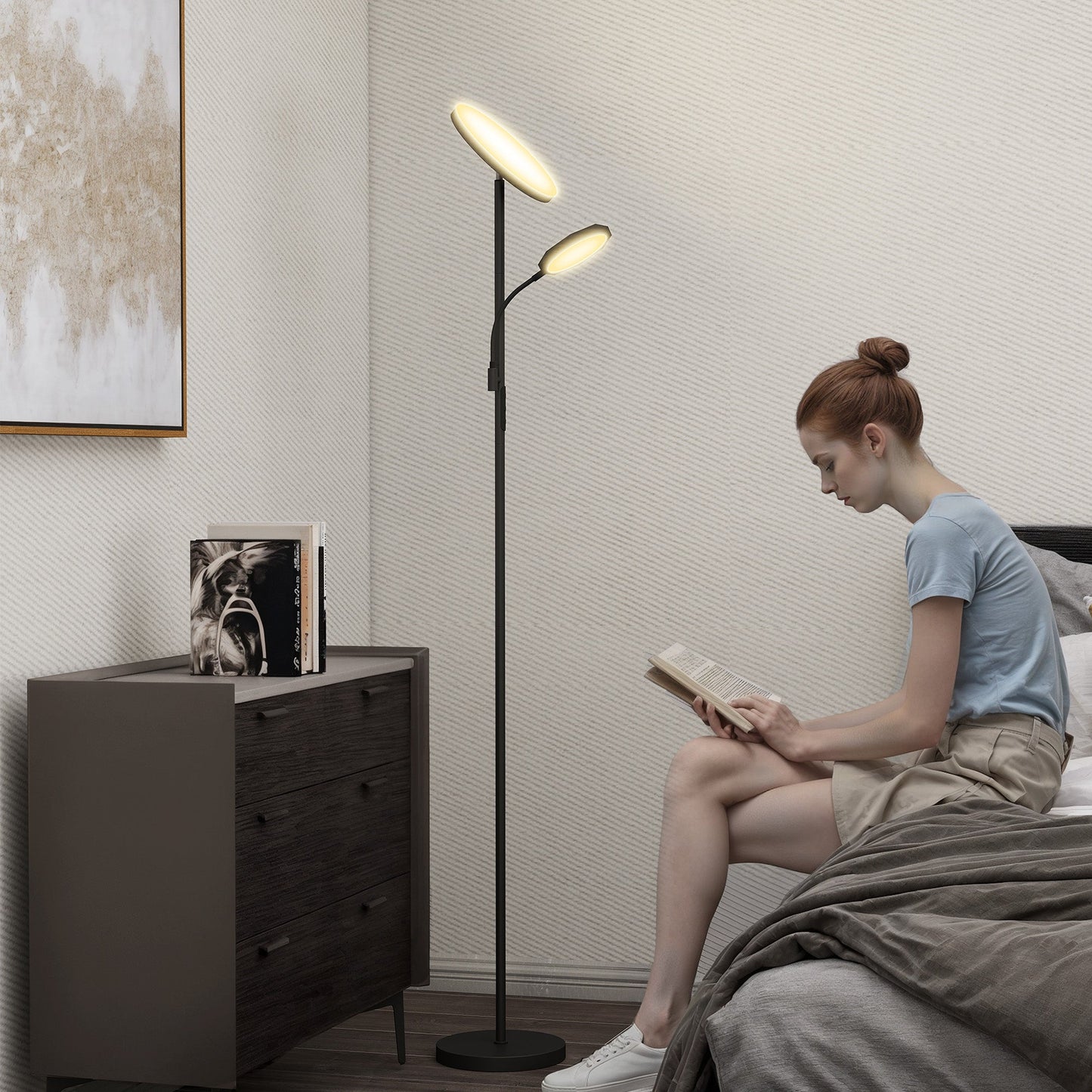 HOMCOM LED Floor Lamp for Living Room, Stepless Dimmable Standing Lamp, Mother and Child Uplighter with Reading Light, 4 Scene Modes, 2700K-6500K Colour Temps, 4 Brightness Levels, Remote Control