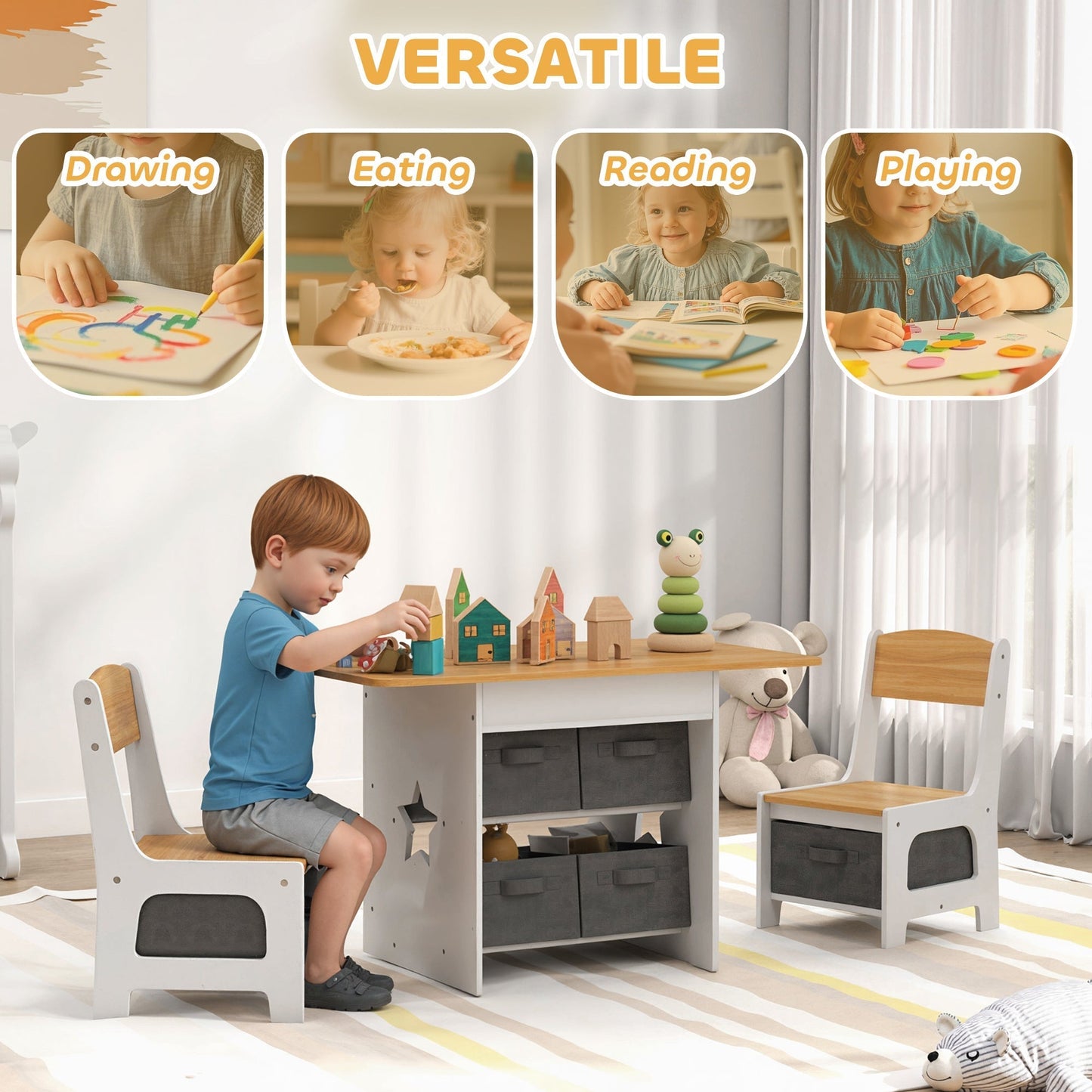 AIYAPLAY Kids Table and Chair Set, Toddler Table and 2 Chairs Set with 6 Removable Drawers, for Boys Girls Ages 3-8, Natural