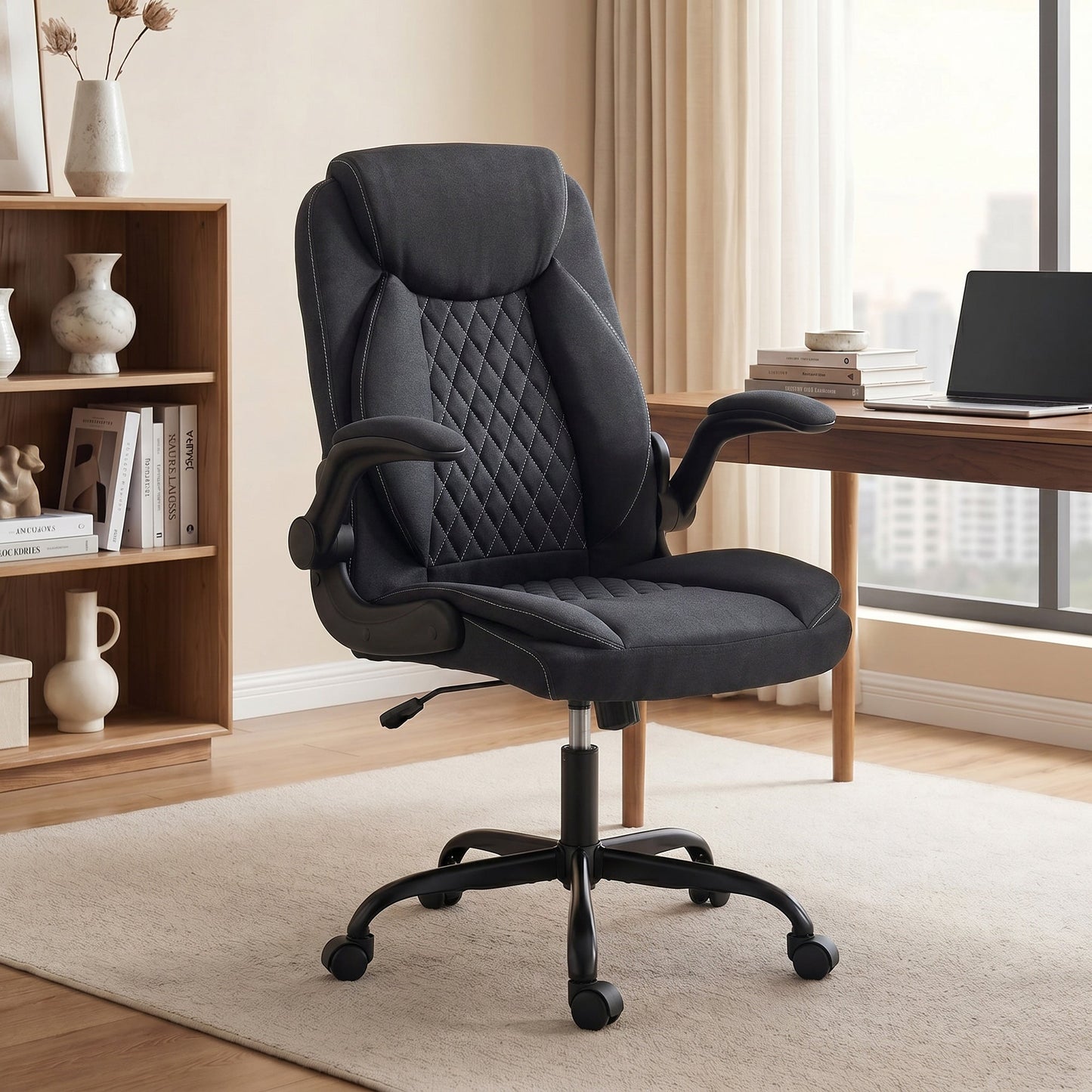 HOMCOM Linen-Look Computer Desk Chair, Executive Office Chair with Flip-Up Armrests and Thick Cushion, Black