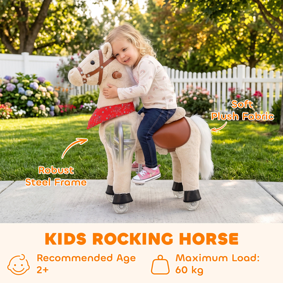 Ride on Horse Pedal Ride On Walking Horse Toy Rotatable Head Neighing Sound in Light Brown