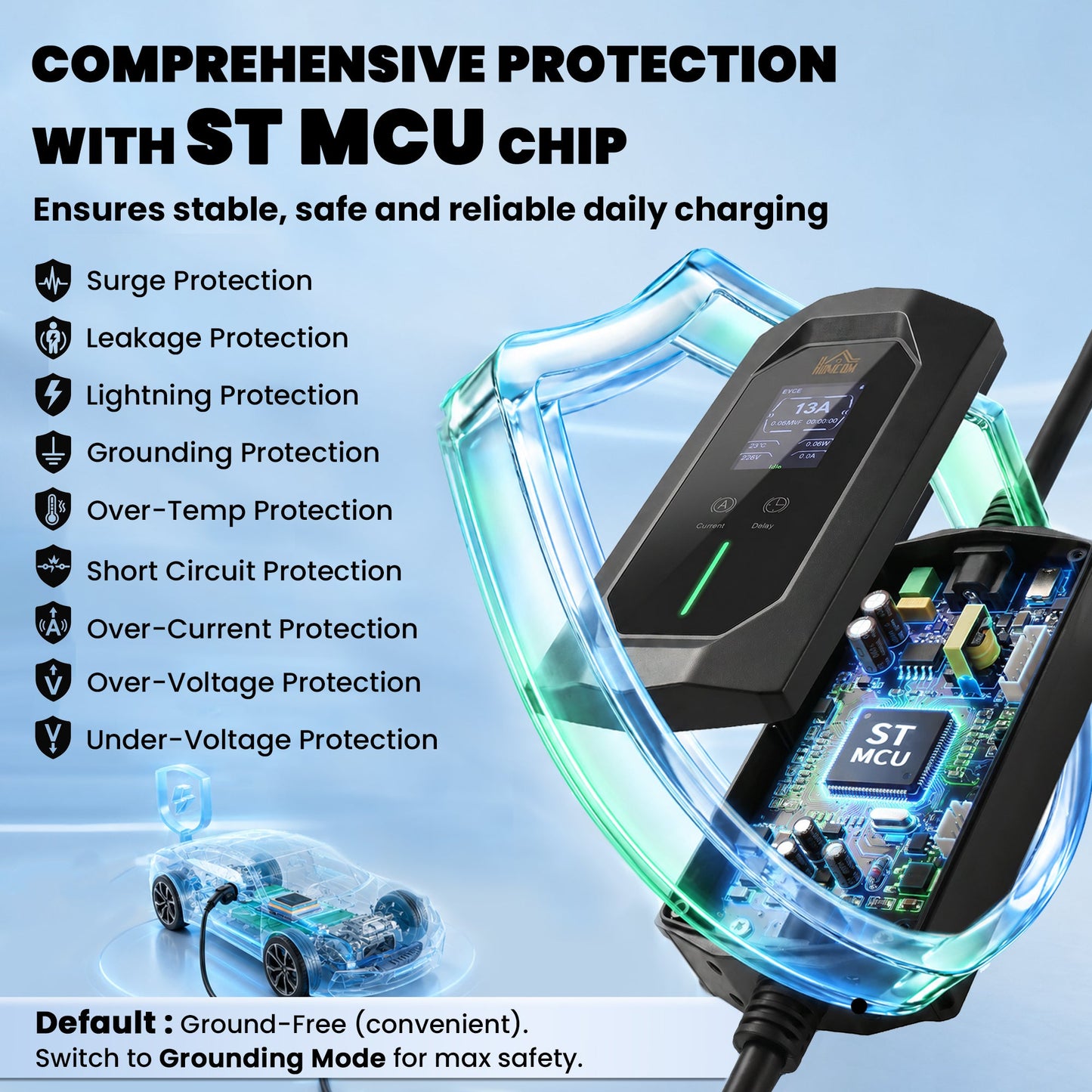 HOMCOM EV Charger Type 2 to 3 Pin Plug, 10 m, 2.8 kW, 6-13 A, Electric Car Charger Type 2 Charging Cable w/ 1-12 h Time Delay