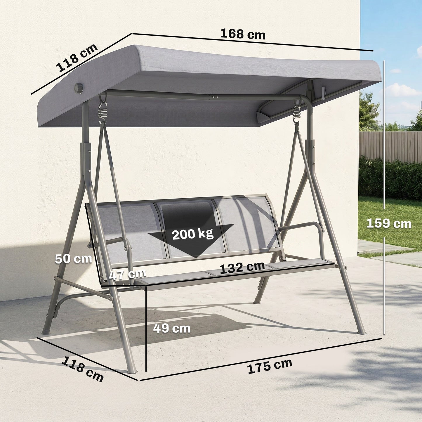 Outsunny 3 Seater Swing Chair, Garden Swing Bench with Adjustable Tilting Canopy, Breathable Mesh Seat and Heavy Duty Steel Frame for Patio, Garden, Grey