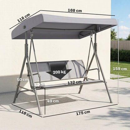 Outsunny 3 Seater Swing Chair, Garden Swing Bench with Adjustable Tilting Canopy, Breathable Mesh Seat and Heavy Duty Steel Frame for Patio, Garden, Grey