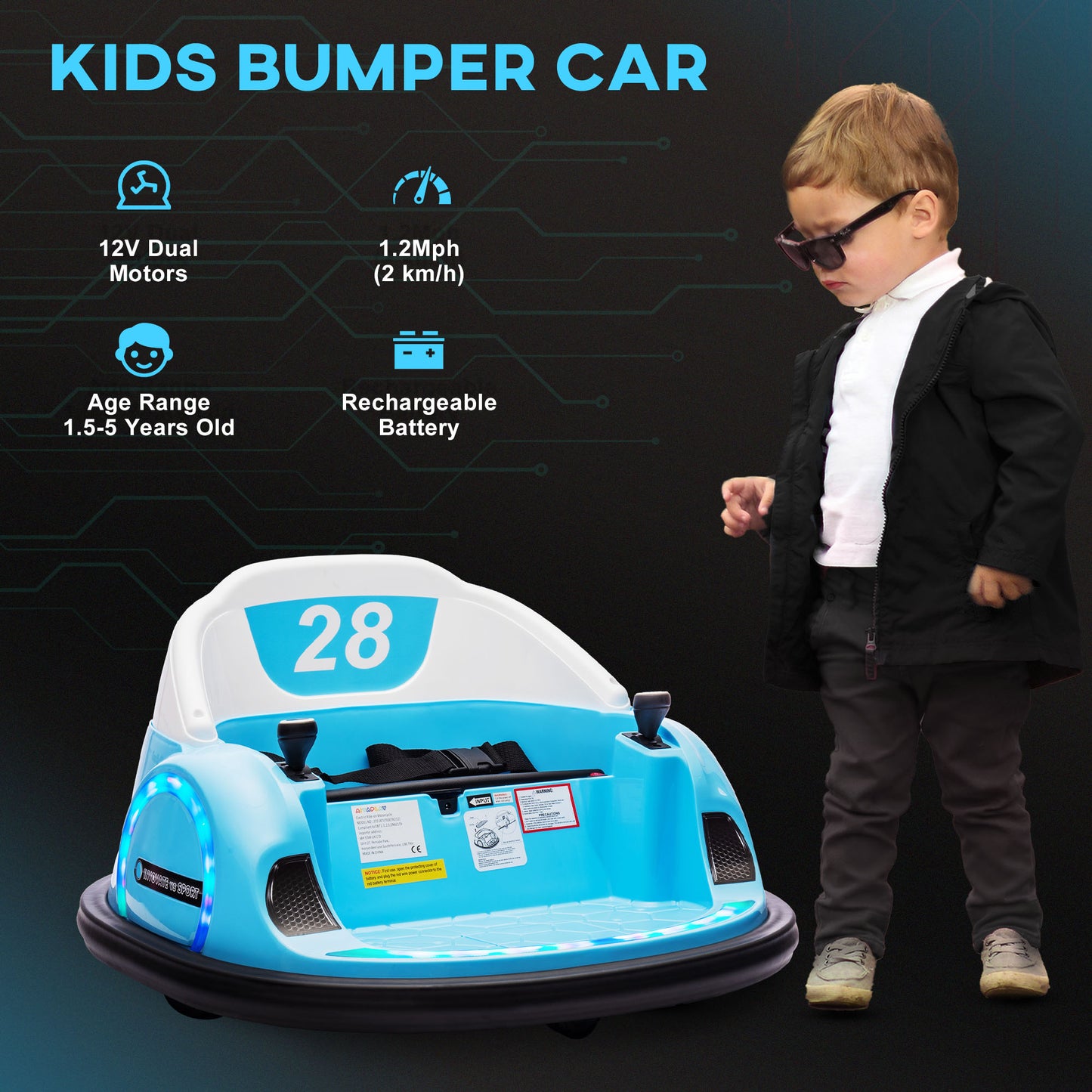 AIYAPLAY 360√Ç¬∞ Rotation Kids Bumper Car, 12V Waltz Car with Remote Control, Dual Joystick, Music, Lights, Light Blue