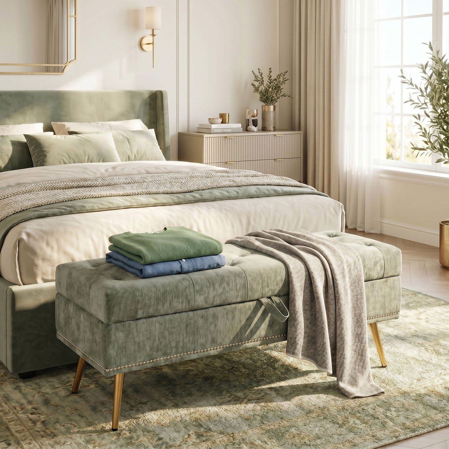 HOMCOM Storage Ottoman, Chenille Upholstered Ottoman Storage Box with Padded Seat, Metal Legs, 114 x 41 x 45 cm, Light Green