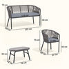 Outsunny 4 Piece Garden Furniture Set, Rope Garden Sofa Set with 1 Loveseat 2 Chairs Tempered Glass Table Cushions, Dark Grey
