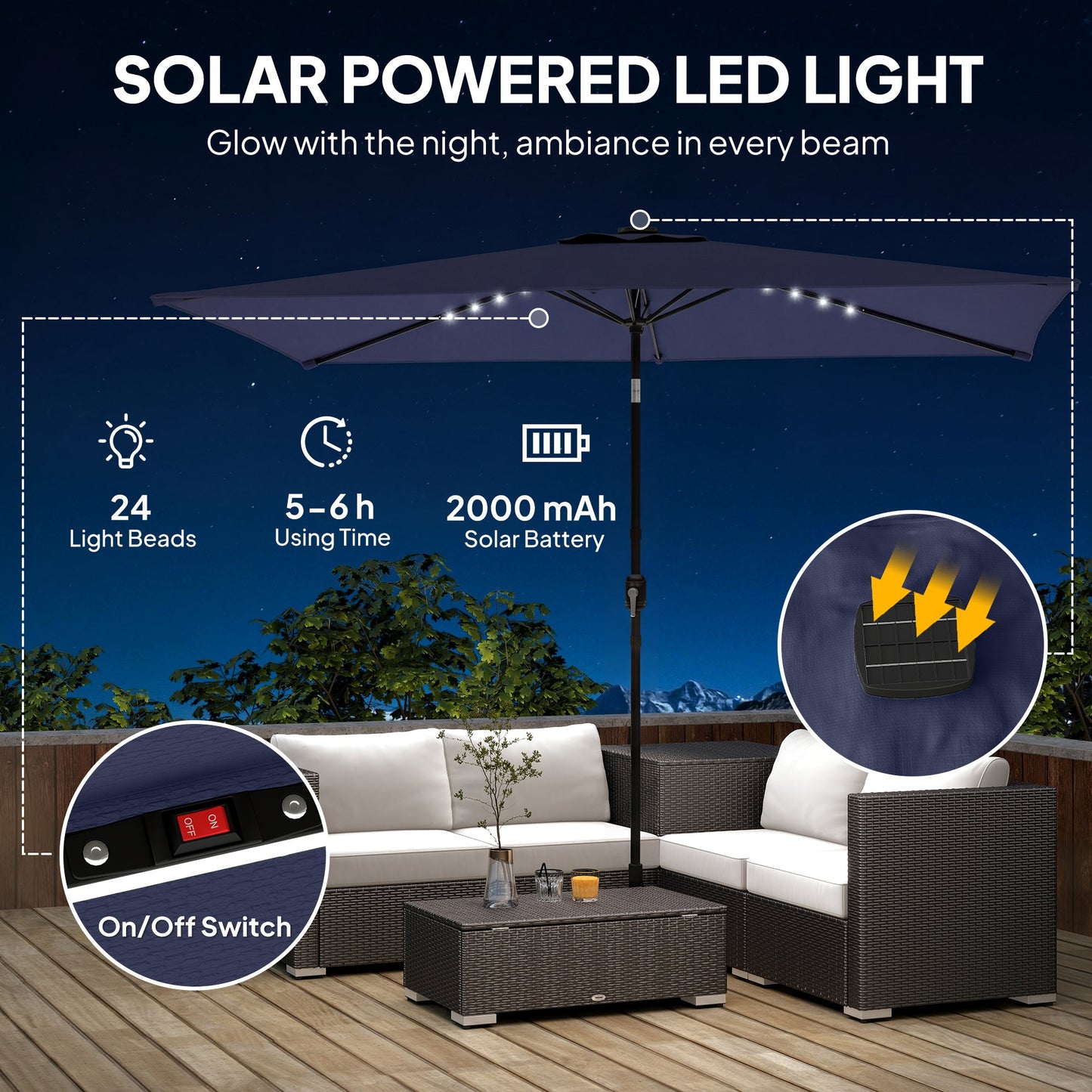 مظلة حديقة آوت ساني 3 × 2 متر مع ضوء LED شمسي، غطاء مظلة، مظلة فناء خارجية للسوق، أزرق داكن