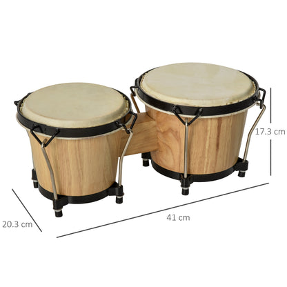 HOMCOM Wooden Bongo Drum Set a7.75" & a7" w/ Drum Head, Percussion Instrument, Drums, Tuning Wrench For Adults Beginners