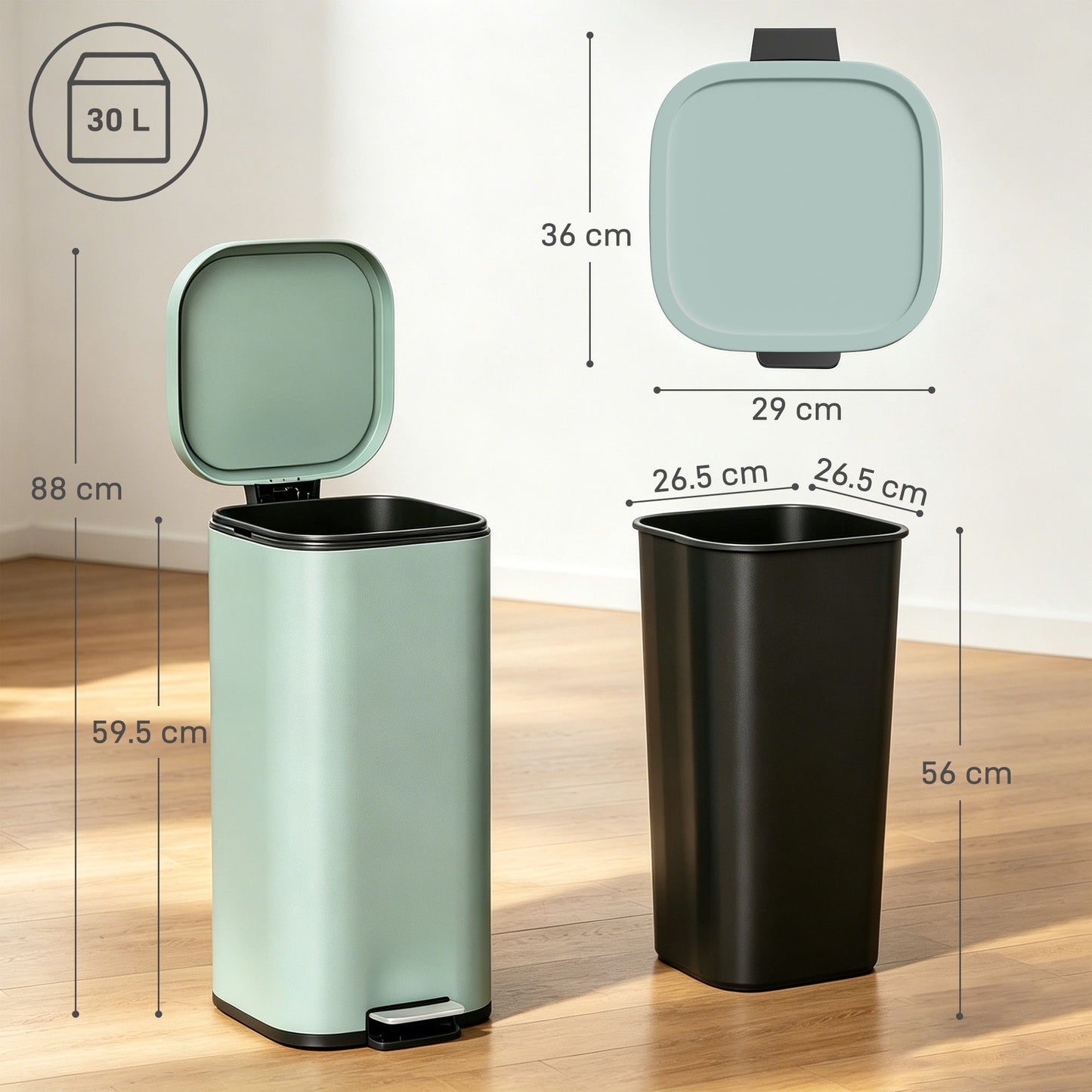 HOMCOM 30L Kitchen Bin, Compact Pedal Bin with Soft-Close and Stay-Open Lid, Removable Bucket for Kitchen, Home, Office, Green