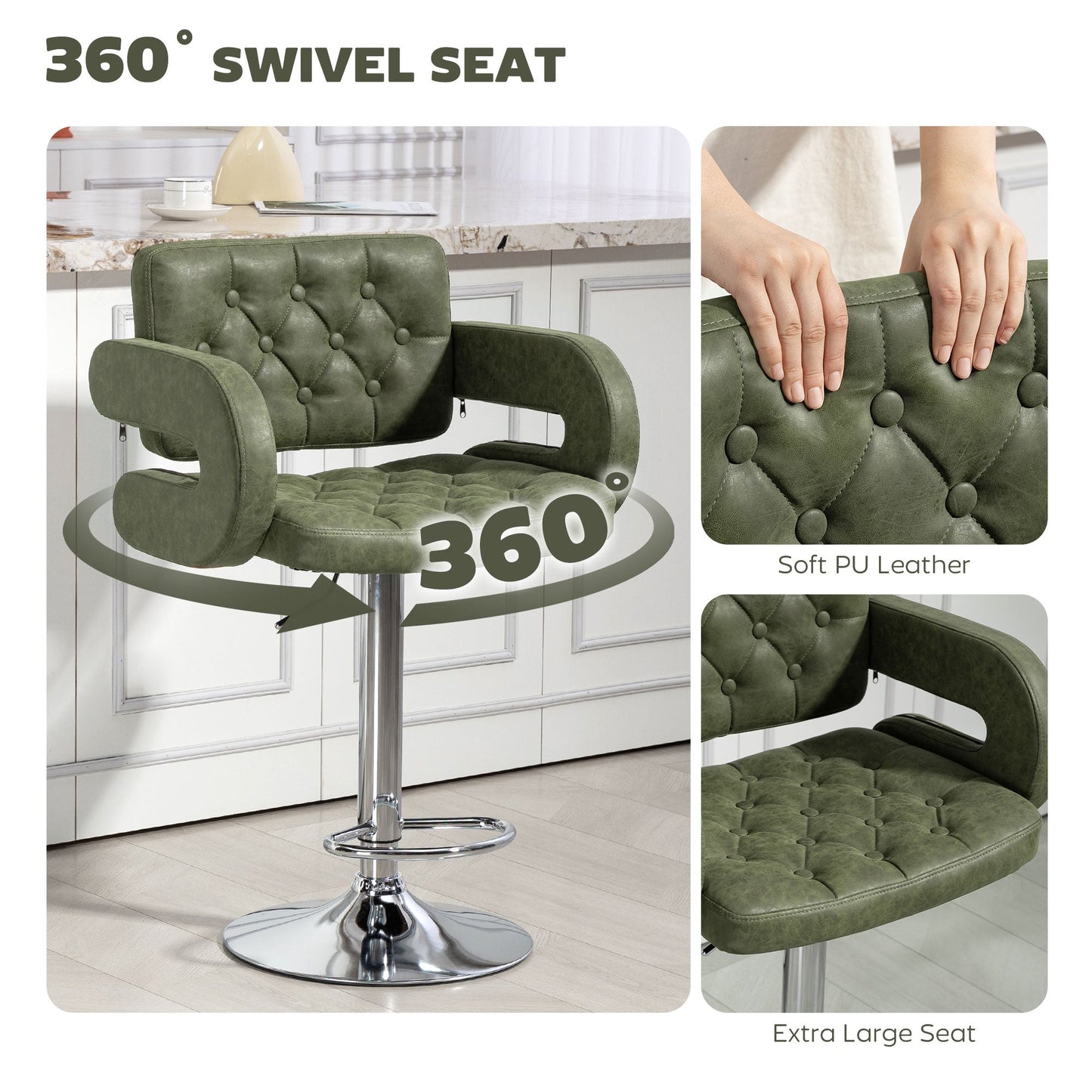 HOMCOM PU Leather Upholstered Swivel Bar Stool, Height Adjustable with Back, Armrest, Footrest, Green