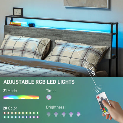 سرير معدني مزدوج من هومكوم مع إضاءة LED ورف على اللوح الأمامي - رمادي