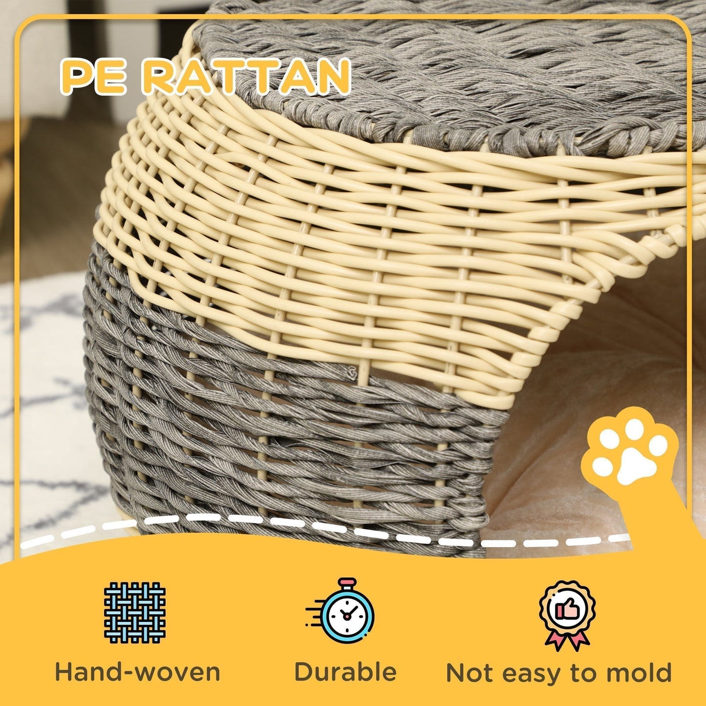 PawHut Wicker Cat House, Rattan Raised Cat Bed, Cosy Kitten Cave with Soft Washable Cushion, a40 x 30cm