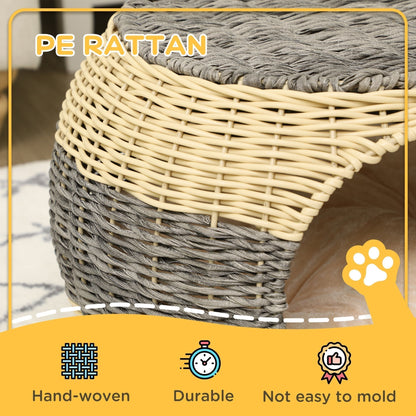 PawHut Wicker Cat House, Rattan Raised Cat Bed, Cosy Kitten Cave with Soft Washable Cushion, a40 x 30cm