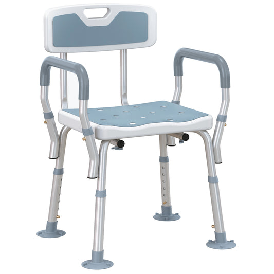 HOMCOM EVA Padded Shower Chair for the Elderly and Disabled, Height Adjustable Shower Stool with Back and Arms, 4 Suction Foot Pads, Light Blue