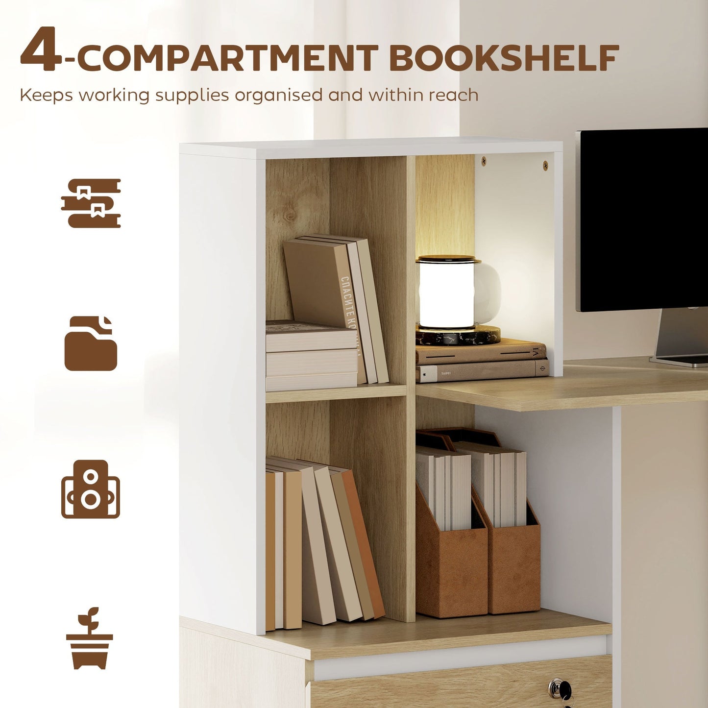 HOMCOM Computer Desk, Office Desk with Bookshelf, File Drawer and Legal Hanging File Holders, Oak Wood Effect
