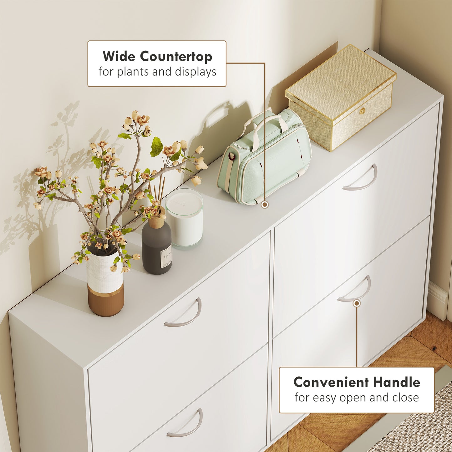 HOMCOM Wooden Modern Design 4 Drawer Shoes Cabinet Pull Down Shelf Storage Organiser - White