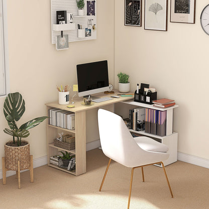 HOMCOM L-shaped desk modular computer desk built-in bookcase + 3-tier shelf white and natural wood