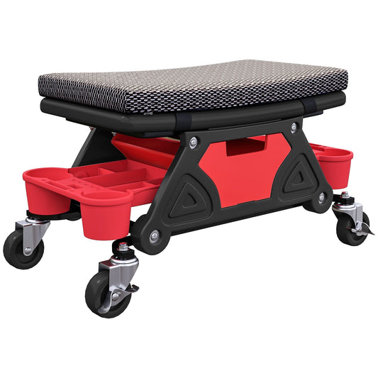 HOMCOM Rolling Mechanic Stool, 135kg Capacity Workshop Stool, 360 Swivel Roller Padded Creeper Seat with Wheels, Slide Out Tool Trays and Drawer for Garage, Shop, Auto Repair, Black