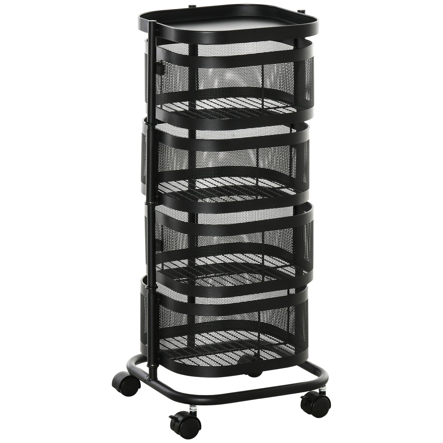 HOMCOM Metal Storage Cart, 4-Tier Storage Trolley on Wheels with 4 Mesh Baskets and Top Tray, Black