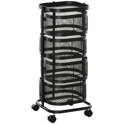 HOMCOM Metal Storage Cart, 4-Tier Storage Trolley on Wheels with 4 Mesh Baskets and Top Tray, Black