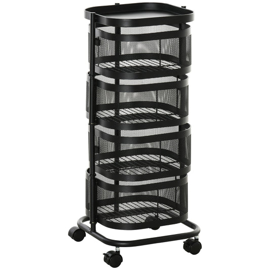 HOMCOM Metal Storage Cart, 4-Tier Storage Trolley on Wheels with 4 Mesh Baskets and Top Tray, Black
