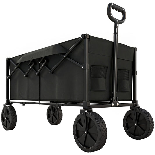 Outsunny 95L Foldable Festival Trolley on Wheels, Collapsible Wagon Cart with Adjustable Handle and 2 Cup Holders, Black