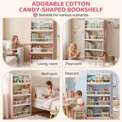 AIYAPLAY 4 Tier Kids Bookshelf, Wall-Mounted Children Bookcase, Toddler Space-Saving Bookcase for Kids Room, Playroom, Pink