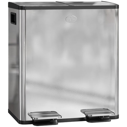HOMCOM 40L Dual Compartment Stainless Steel Bin, with Deodoriser Holders - Silver Tone